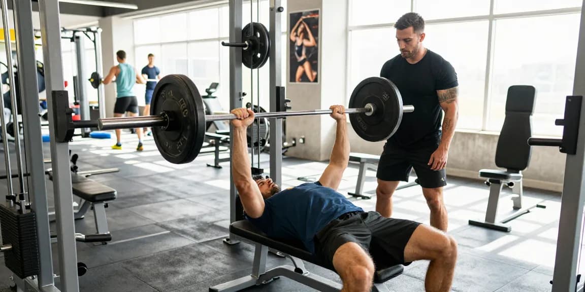 Athletic man working out with Prime Pharma Steroiden in a modern gym, focused on strength training.