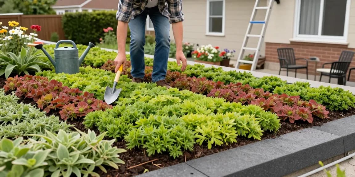 Detail van sedumdaklagen met levendige sedumplanten en tuingereedschap in een zonnige achtertuin.
