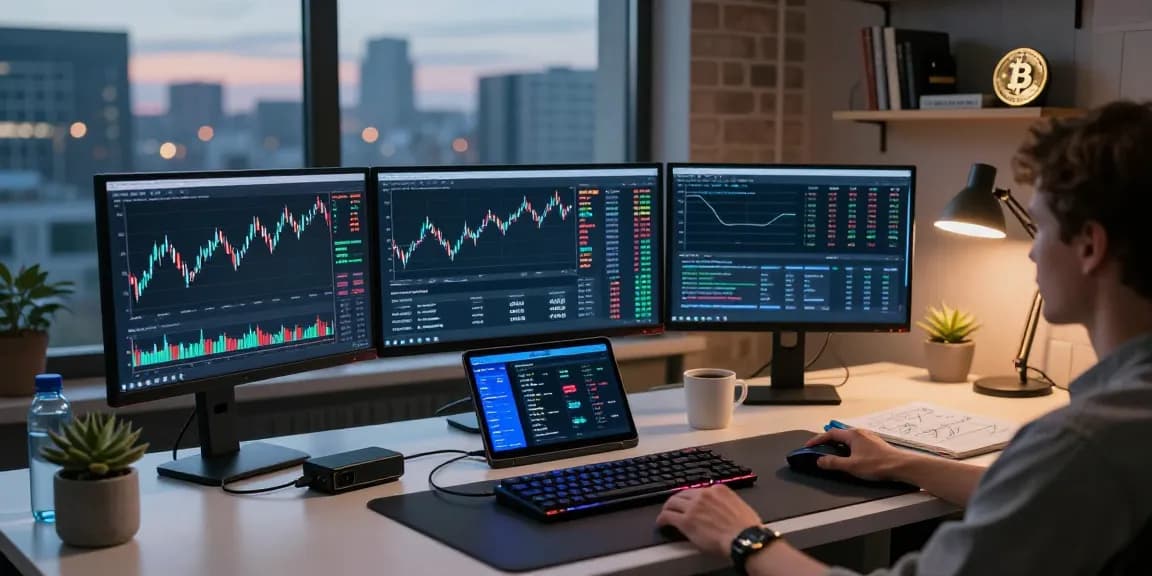 Professionele werkplek van websitepioniers met crypto trading en digitale wallets.