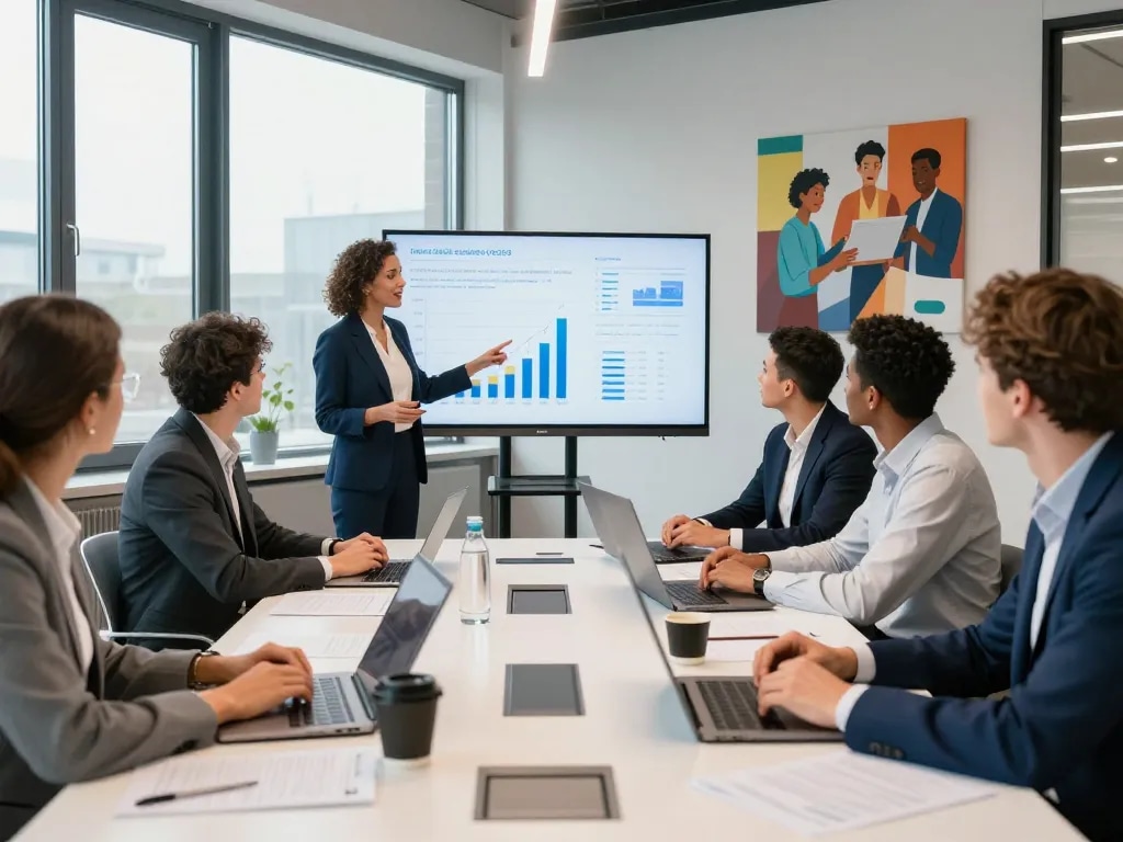 Samenwerkingsvergadering waarin bedrijven in Utrecht met diverse professionals strategische groeidata analyseren.