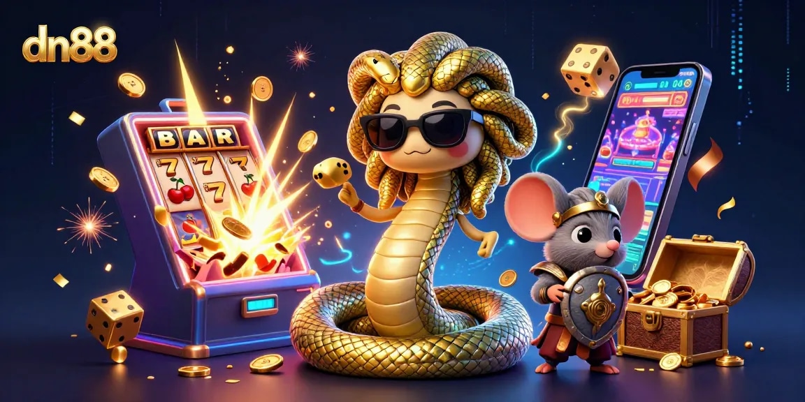 Spin the reels with dn88's vibrant 3D casino illustration filled with Medusa and warrior mouse.