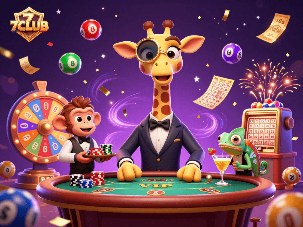 Experience the dynamic excitement of 7CLUB with animated characters and lively casino elements.