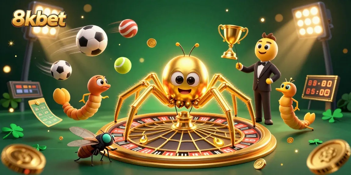 Experience thrilling bets with 8kbet in this vibrant 3D illustration showcasing a roulette wheel, sports themes, and casino excitement.