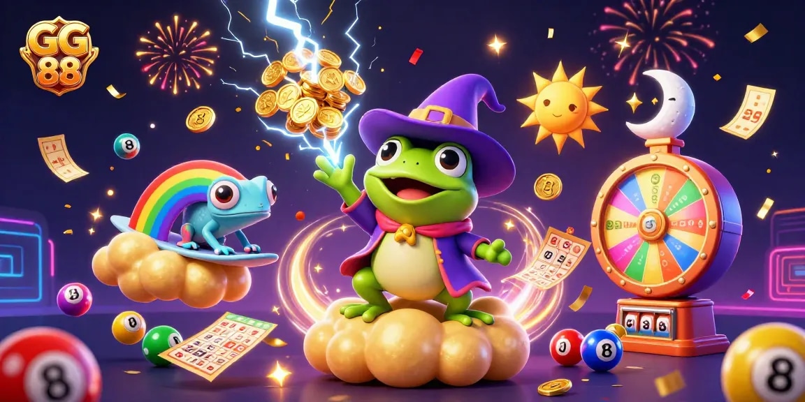 Experience GG 88's thrilling gaming universe, with dynamic golden coins, colorful lottery balls, and vibrant spirits.