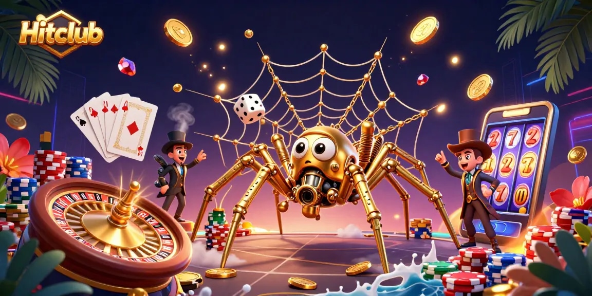 Win big with Hitclub's steampunk spider webbing golden chains in a colorful casino scene.