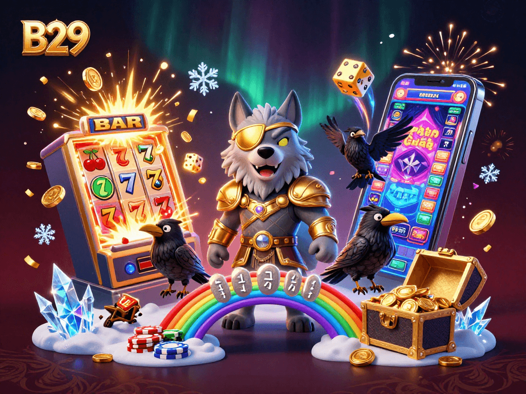 B29 gamblers engaging with vibrant casino games illustrated with gold coins and dynamic jackpots.