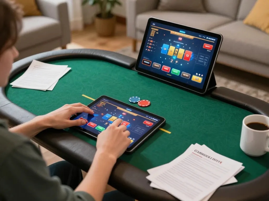 Engaged player using 8kbet app for an exciting poker game at home with cozy setup.