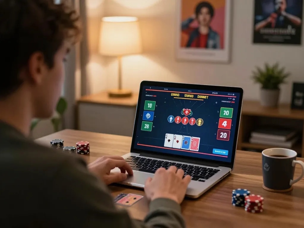Player engaging with u888 online poker game on a laptop, showcasing competitive gameplay atmosphere.