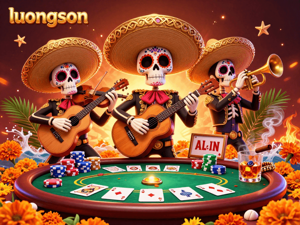 Experience gambling excitement with luongson’s vibrant Day of the Dead mariachi band and poker elements.