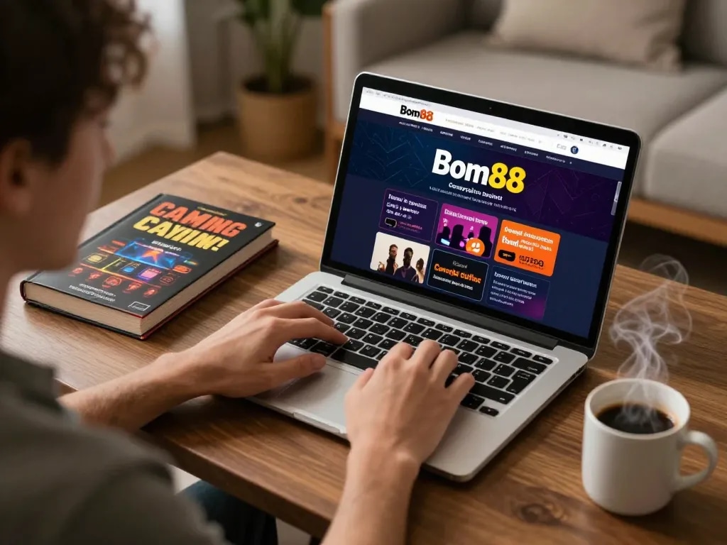 Engaging in online casino gaming at home with Bom88 uy tín displayed on the laptop screen.