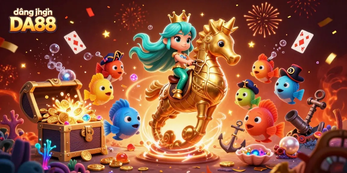 Experience đăng nhập DA88 in this vibrant 3D casino scene with a mermaid and seahorse surrounded by treasure.