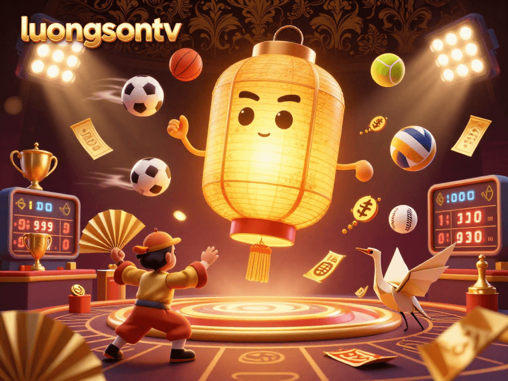 Engage with live sports betting on luongsontv, surrounded by dynamic golden lantern spirits and animated sports elements.