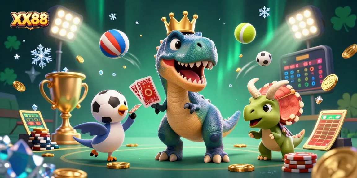Engage in thrilling gameplay at XX88 with a T-Rex shuffling cards and a baby triceratops stacking golden chips.