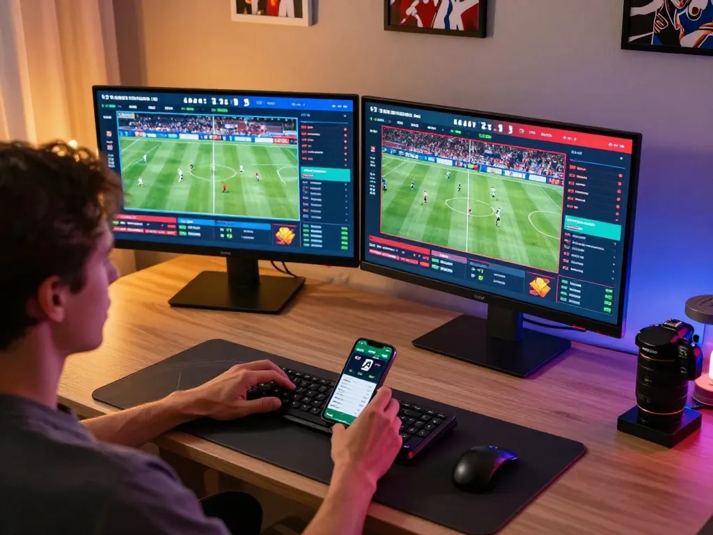 Engaging in sports betting on Fun88 com with dual monitors displaying live events and betting app.
