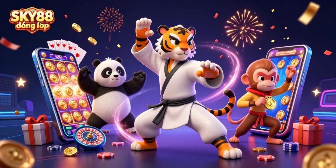 Engage with SKY88 đăng nhập for immersive gaming experience, featuring dynamic casino characters and vibrant game elements.