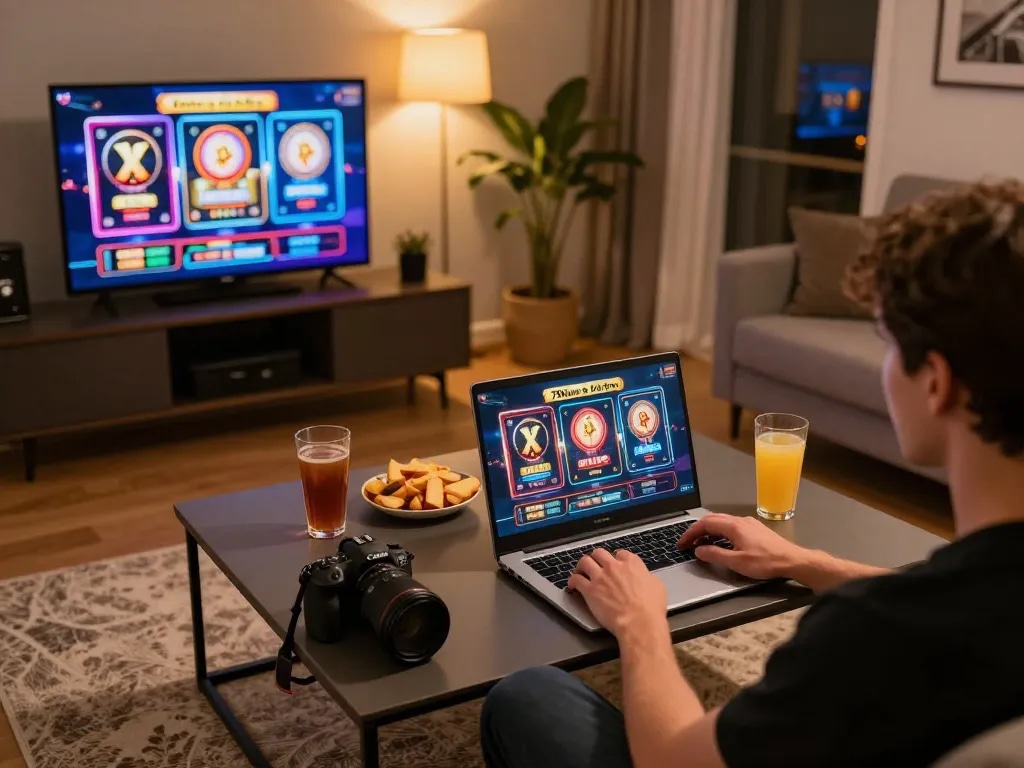 Engaging scene with a player immersed in 79king online gaming, showcasing a cozy home setup