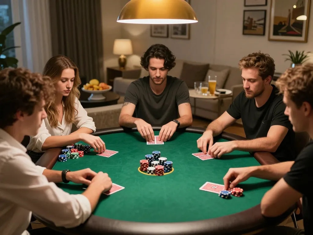 Tic88 uy tín poker game showcasing strategic play among friends in a cozy environment.