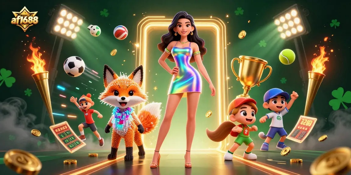 Experience the thrill of gaming at af1688 with vibrant 3D illustrations showcasing sports betting elements.