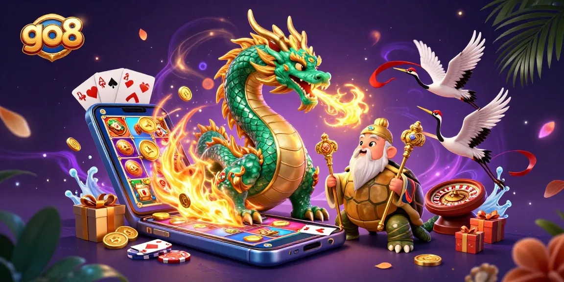 Experience the magic of go8 with a jade dragon and lucky cranes in this vibrant casino scene.