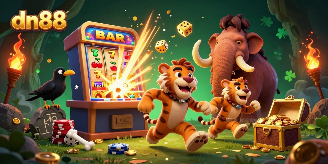 Engage in thrilling casino action with dn88's vibrant 3D illustration featuring exciting games, vibrant characters, and jackpot bursts.