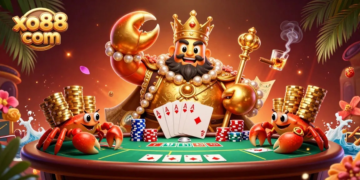 Bet on exciting games with xo88 com's lavish golden crab emperor in a 3D casino scene.