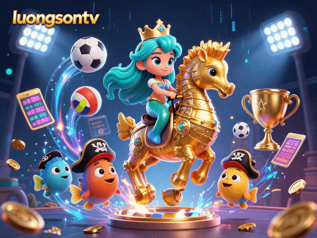 Experience thrilling sports betting with luongsontv in an engaging 3D cartoon scene filled with dynamic action.