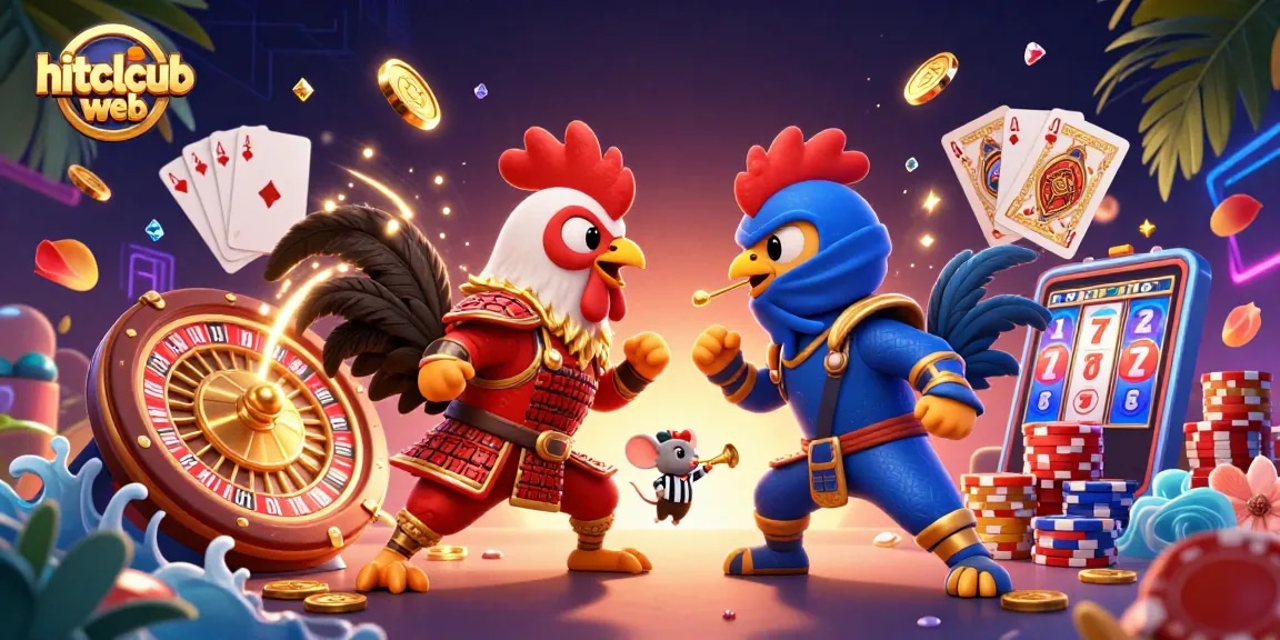 Engage in thrilling gameplay at hitclcub web, with dynamic roosters and gold coins showcasing the excitement.