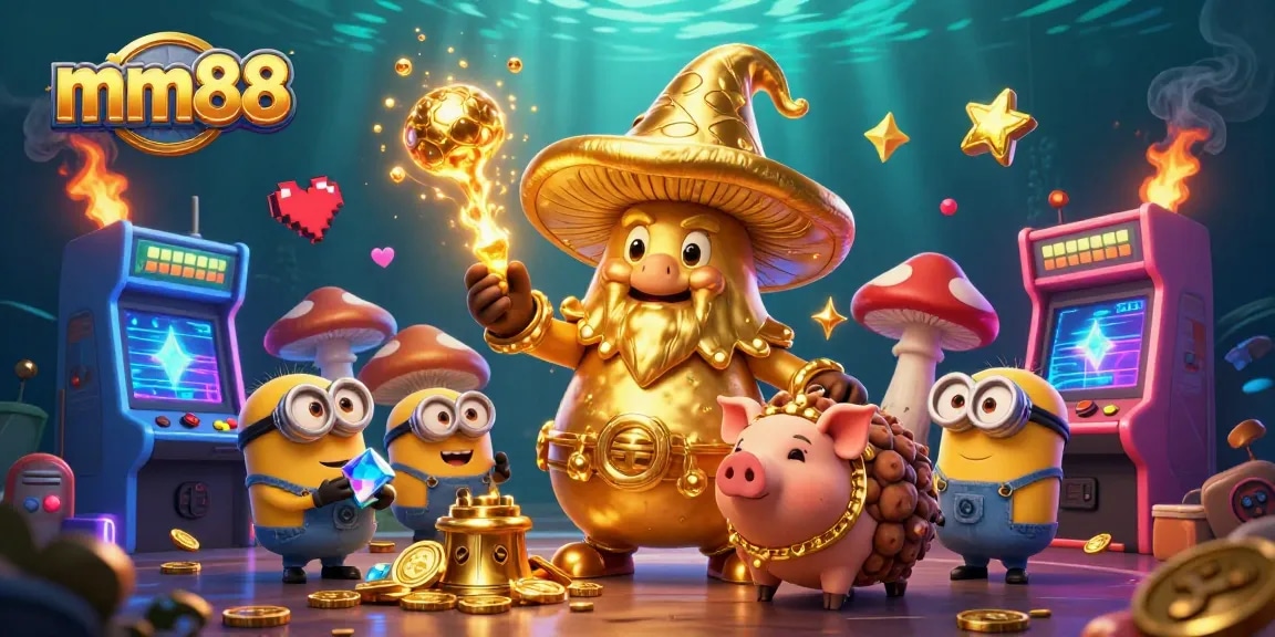 Engage in magical gaming adventures with mm88's dynamic illustrations of treasure-finding characters.