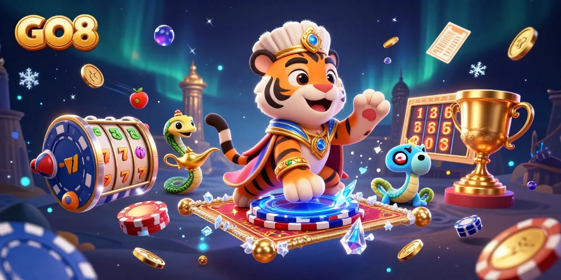 GO8 showcases a vibrant casino scene with a cartoon tiger sultan, slot reels, and sparkling gems.