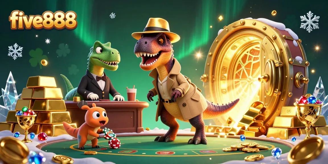 Experience thrilling action at five888 with a velociraptor card counter and stegosaurus pit boss in an exciting casino scene.