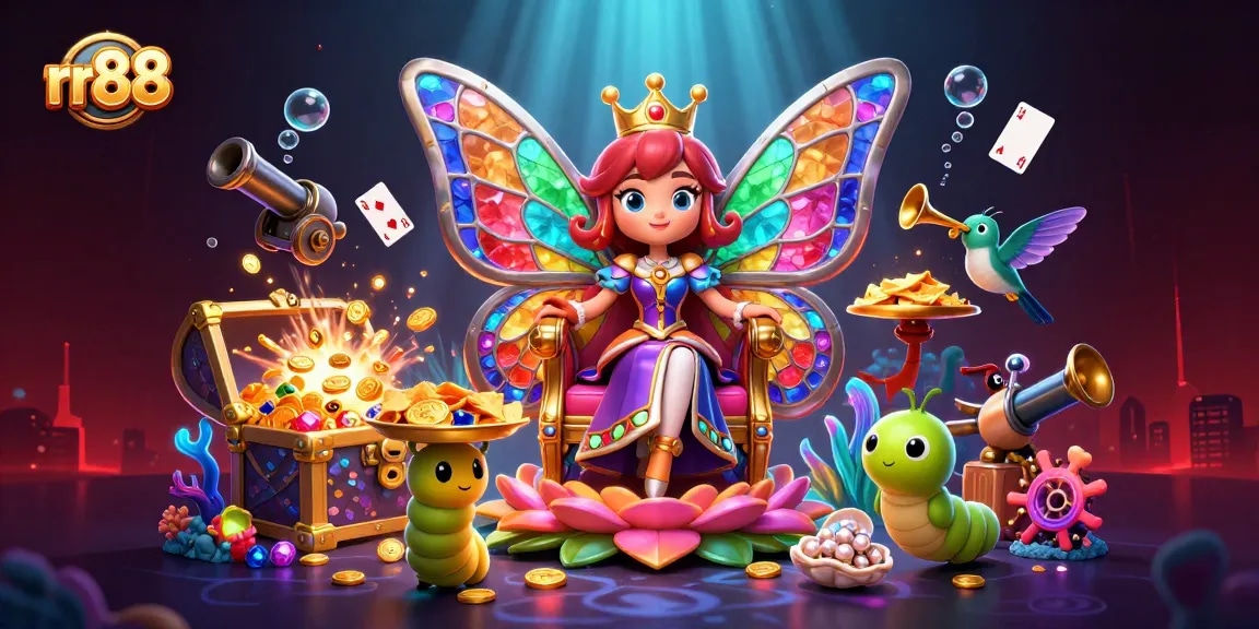 Engage in fun gameplay with rr88's dazzling casino theme featuring a butterfly queen surrounded by treasures.