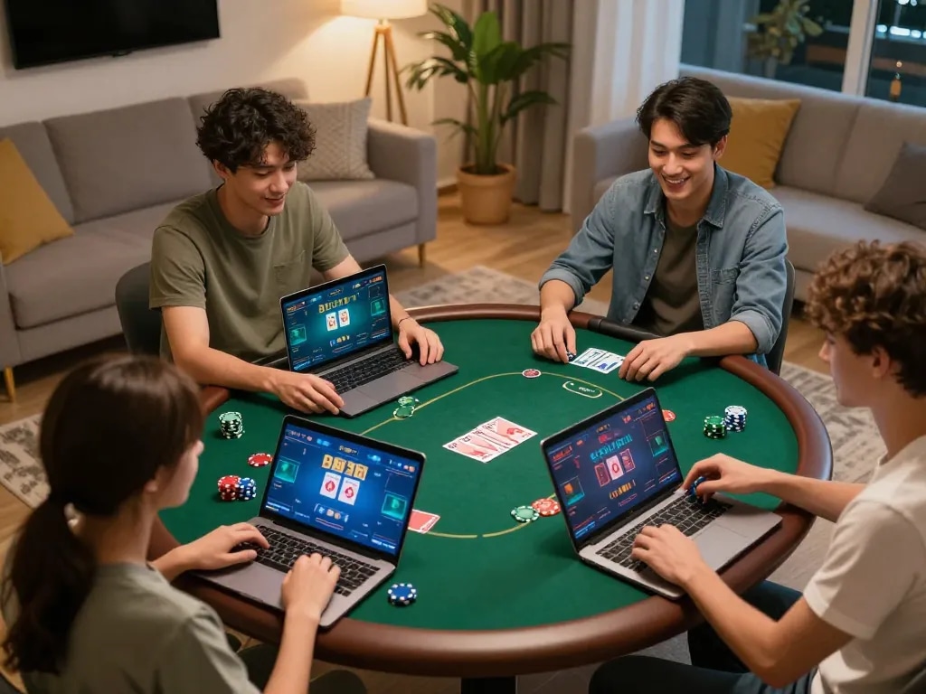 Players enjoying a lively online poker game on 88xx with multiple screens and vibrant gameplay.