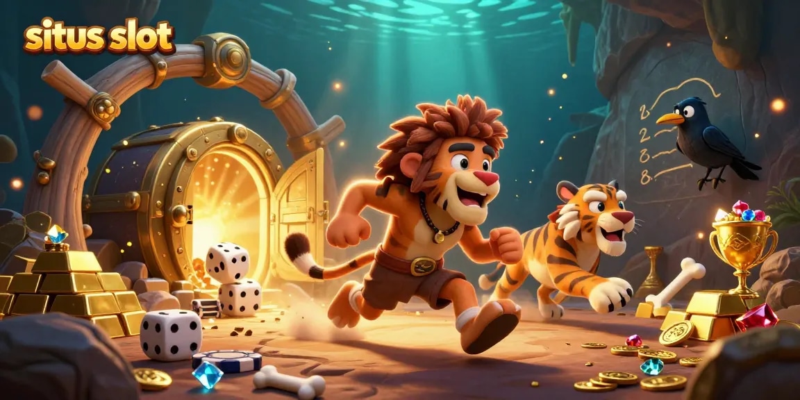 Experience thrilling gameplay at Situs Slot with our colorful, detailed prehistoric casino illustration highlighting exciting games.