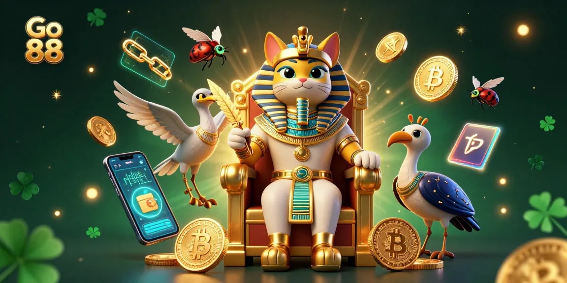 Engage in thrilling games at Go 88 featuring a vibrant 3D cartoon cat pharaoh illustration.