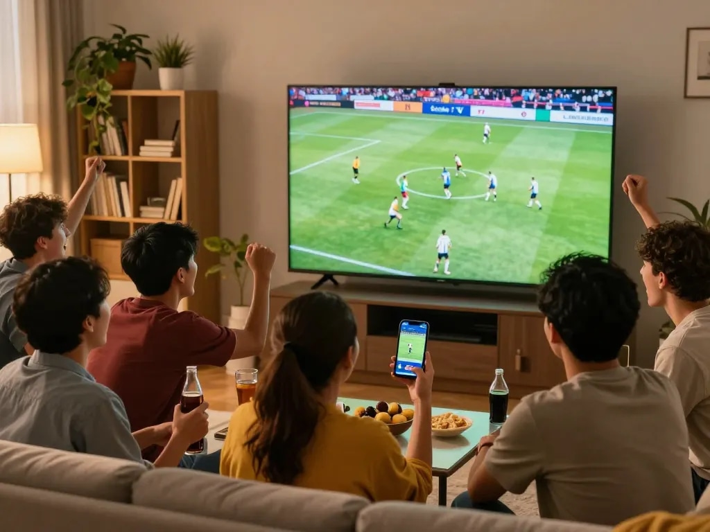 Socolive TV viewing party with friends enjoying a live soccer match in a cozy atmosphere.