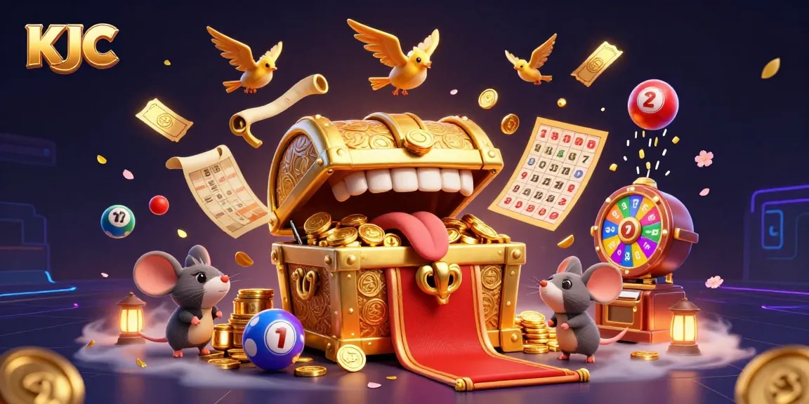 Engage with KJC's vibrant gaming environment featuring treasure and dynamic lottery elements.