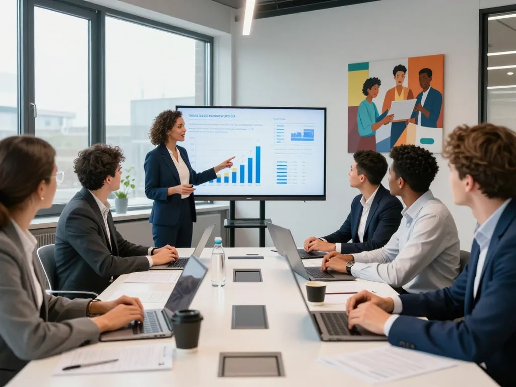 Samenwerkingsvergadering waarin bedrijven in Utrecht met diverse professionals strategische groeidata analyseren.
