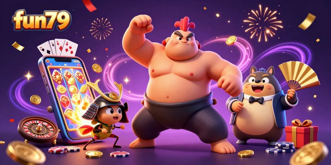 Join the excitement at fun79 with a dynamic casino scene featuring a powerful sumo rooster and a fierce cricket.