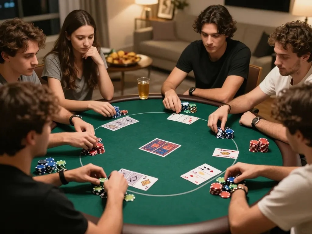 28BET players engaged in a home poker game, showcasing strategy and fun in a friendly atmosphere