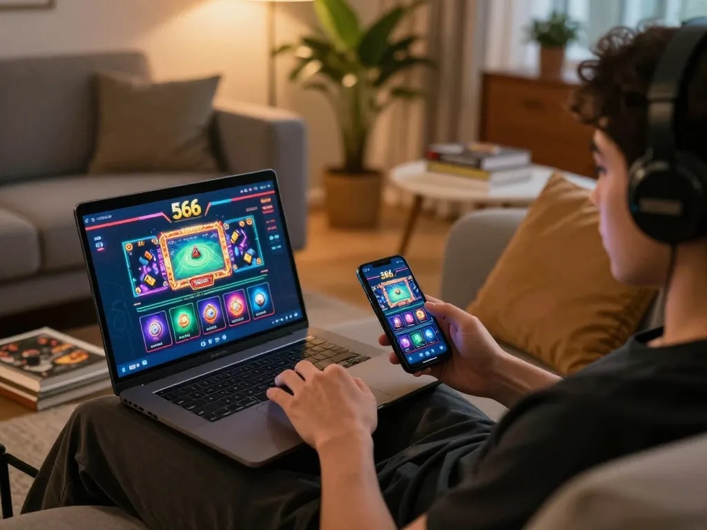 Playing games on 566 online casino platform from a cozy home setup, showcasing engaging gameplay.