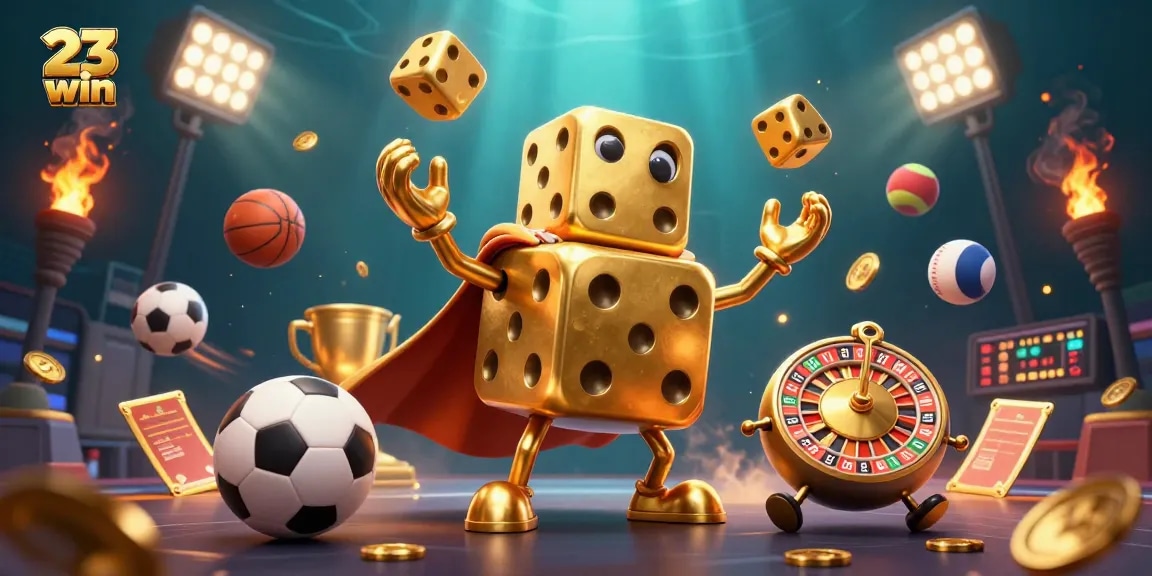 Experience the thrill of 23 win with golden dice, sports balls, and vibrant casino action.
