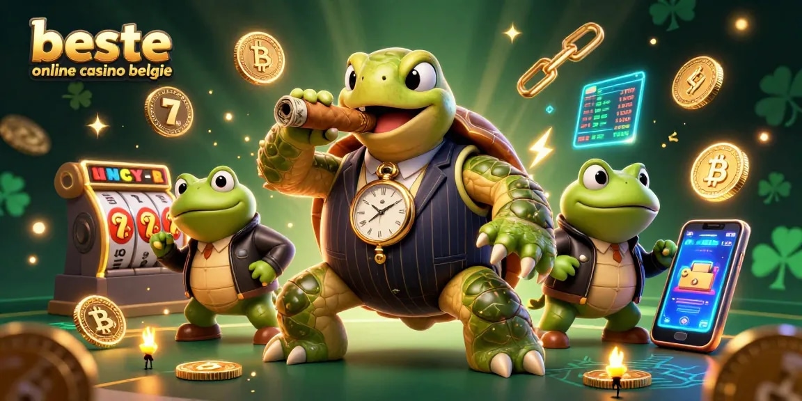 Experience the best online casino belgie with a dynamic 3D scene featuring a snapping turtle in a mobster suit and crypto elements.