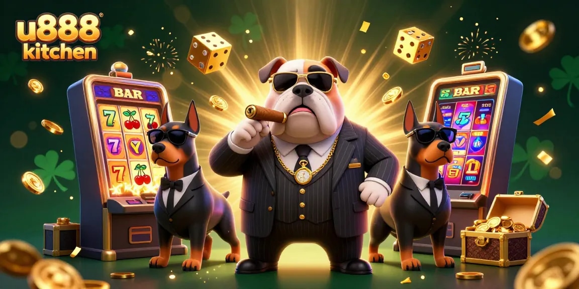 Experience excitement at u888 kitchen with a vibrant casino scene featuring a bulldog in a suit and dynamic game elements.
