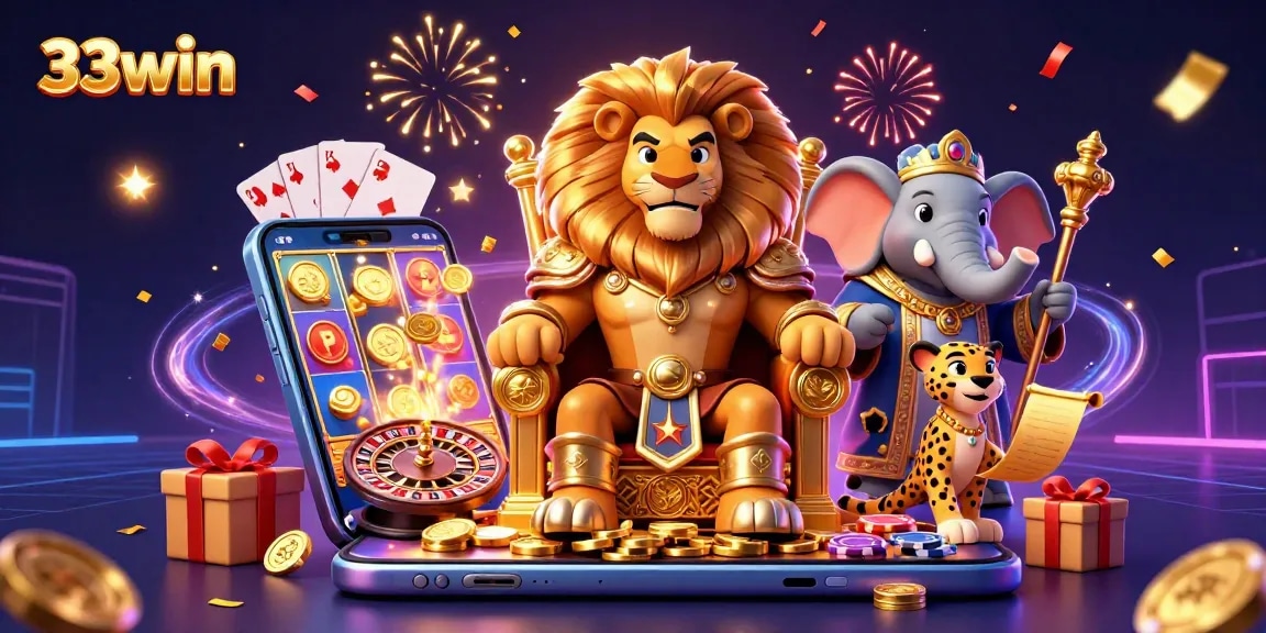 Experience the excitement of 33win's vibrant casino world with a stunning 3D illustration featuring lively characters and game elements.