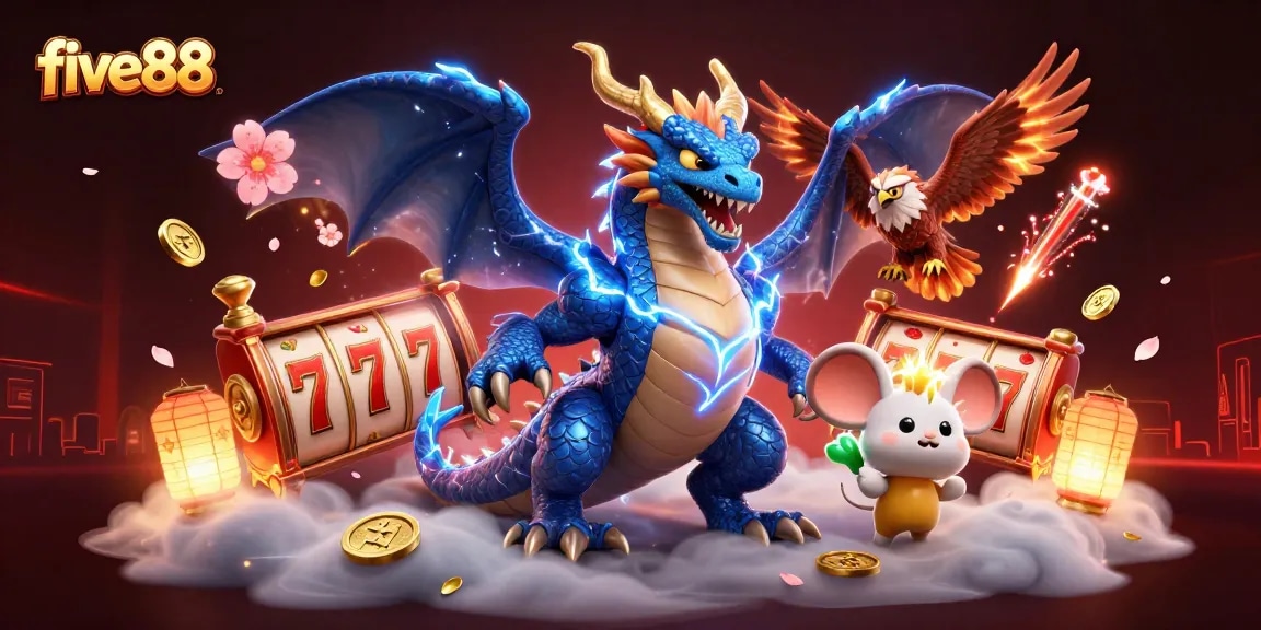 Experience thrill at five88 with a 3D cartoon dragon and hawk surrounded by slots and festive symbols.