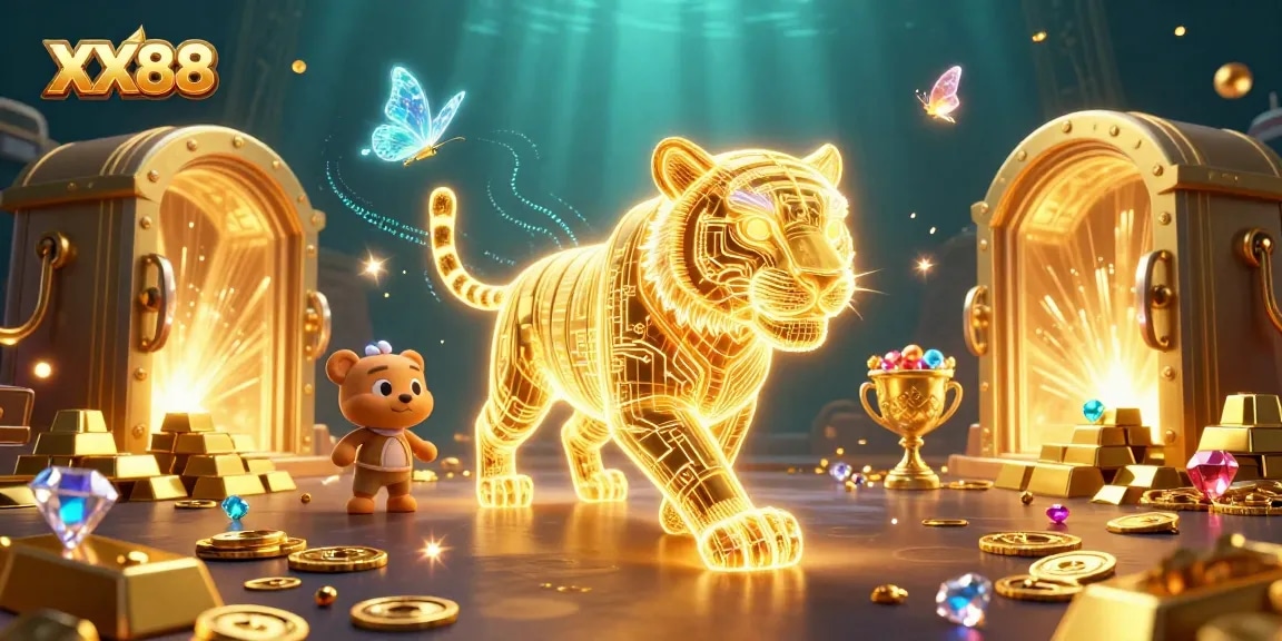 Experience the thrill of XX88 with a vibrant 3D casino scene filled with treasures and excitement.