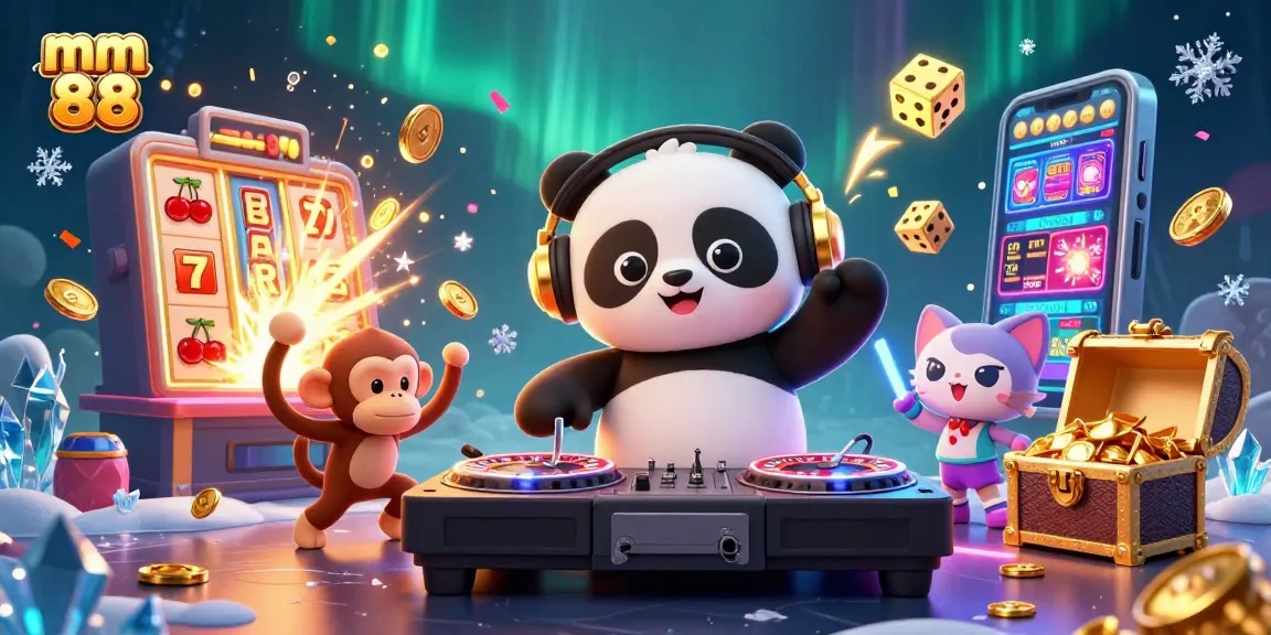 Experience the vibrant world of mm 88 with a DJ panda and gaming explosions, celebrating online gambling!