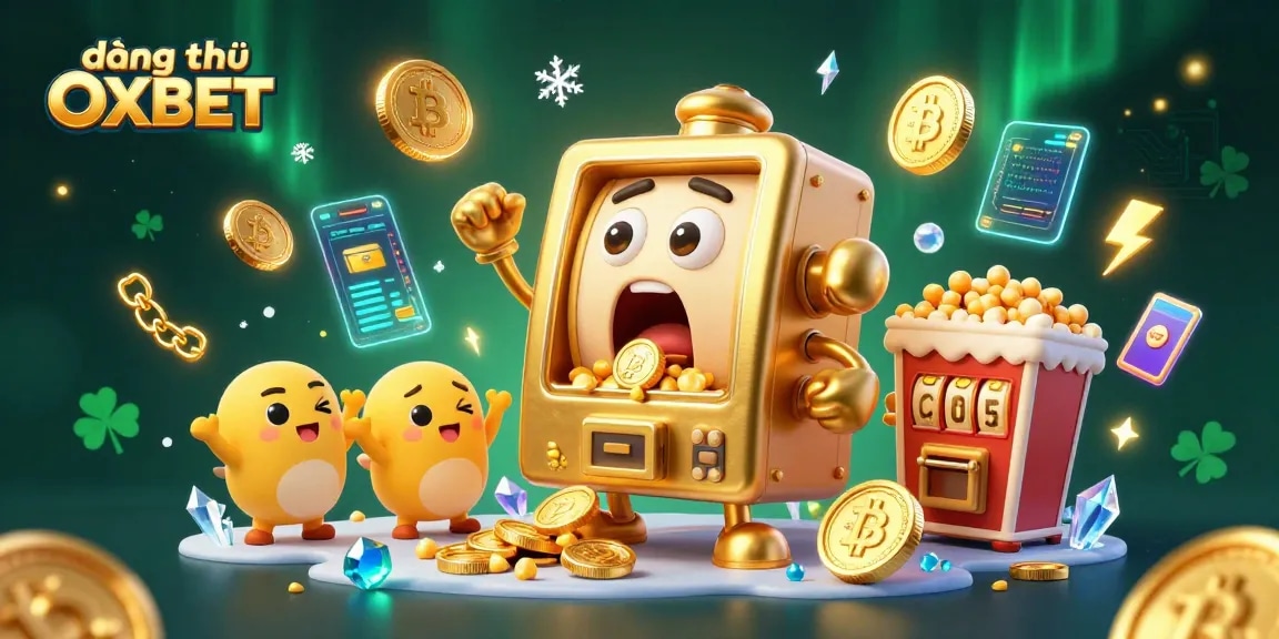 Experience the thrill of đăng ký OXBET with a cartoon golden slot machine hitting the jackpot!