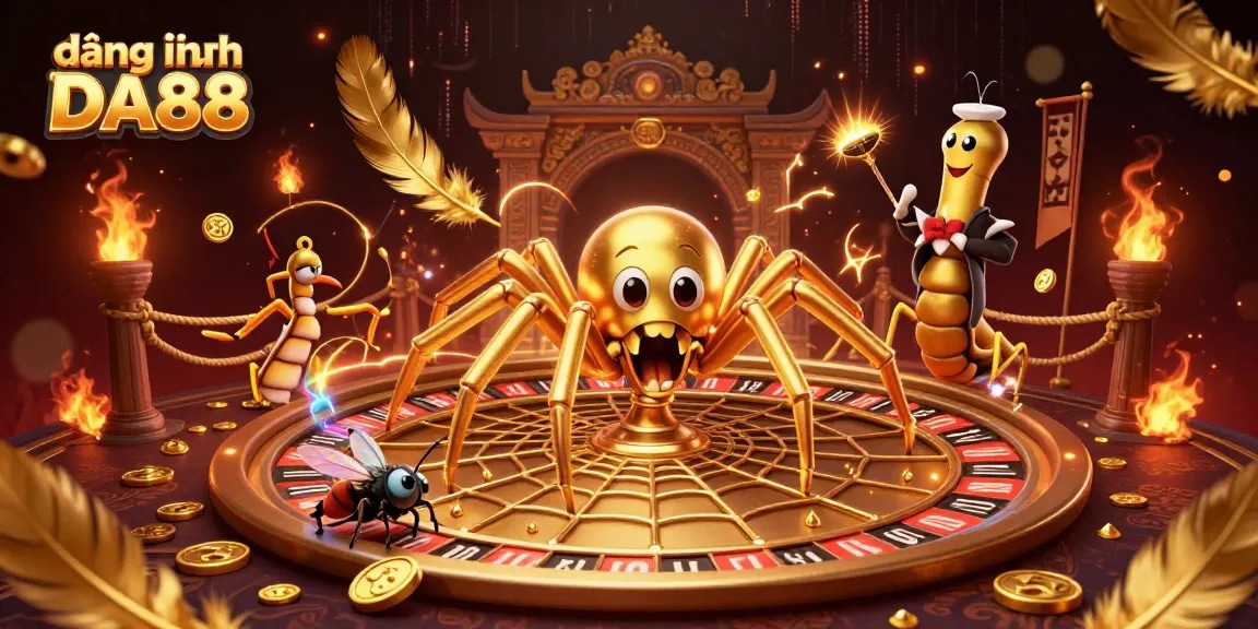 Engage in thrilling bets at the vibrant đăng nhập DA88 casino, with golden spider weaving a roulette web.