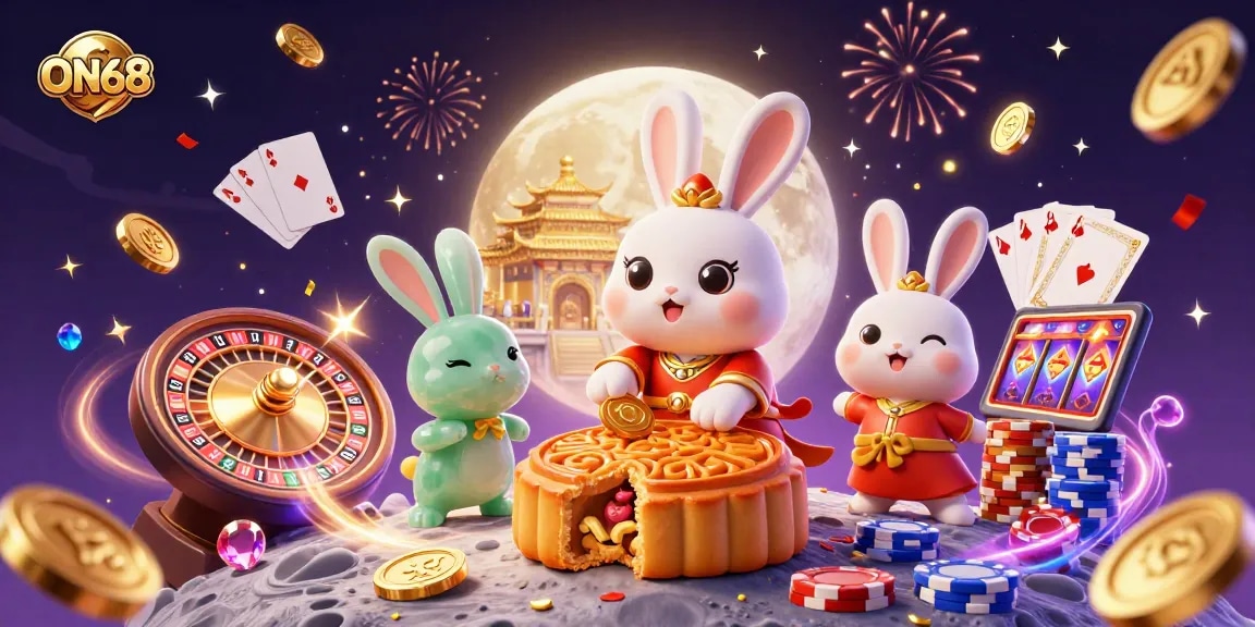 Experience ON68 gaming with a vibrant scene featuring the moon rabbit, golden coins, and poker chips.